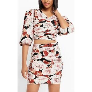 NEW! Express 2-Piece Skirt Set with Crop Top XS  Floral Print Linen Blend Ruched